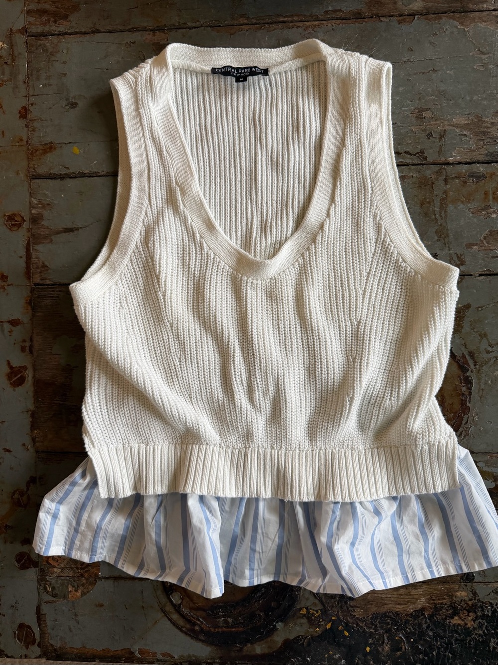 Central Park West Coastal White Ribbed Knit Tank Twofer Blue-Striped Ruffle